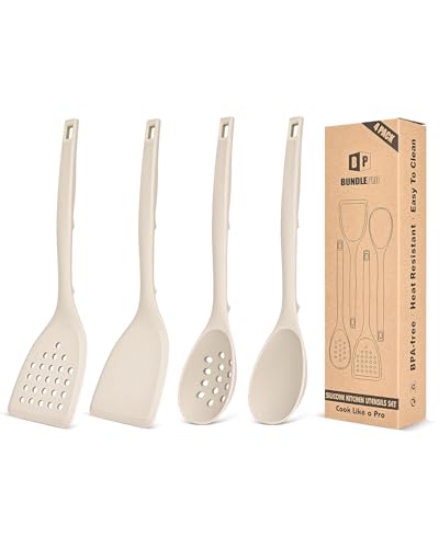 Pack of 4 Silicone Cooking Utensils Set, Non Stick Solid Spatulas and Heat Resistant Slotted Spoons with Back Hooks, Ideal BPA Free Kitchen Utensils Set for Frying,Serving,Turning,Stirring(KHAKI) - color: Khaki