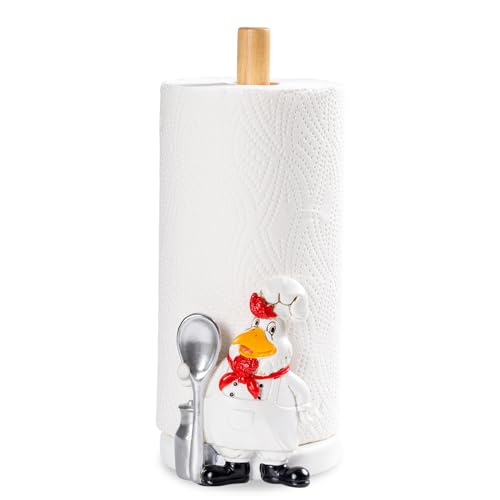 Farmhouse Rooster Chef Countertop Paper Towel Holder Stand with Decoration,Hand-Carved Wood Style for Kitchen Bathroom,Weighted Base for One-Handed Operation,Vintage White - color: A-rooster Chef