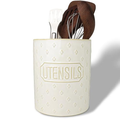 GDCZ Ceramic Utensil Holder 7 Inch, Utensil Crock for Countertop (White) | Large 7" Capacity, Sturdy Countertop Tool Organizer, Durable Ceramic, Embossed Utensils - color: White