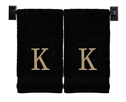 Black Hand Towels for Bathroom with Monogram | Luxury Cotton Turkish Towels | Embroidered in USA | Set of 2 | Choose Set Color and Letter | A - Z | Modern Font - color: Black