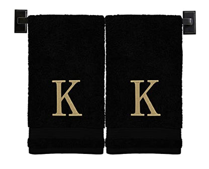 Black Hand Towels for Bathroom with Monogram | Luxury Cotton Turkish Towels | Embroidered in USA | Set of 2 | Choose Set Color and Letter | A - Z | Modern Font - color: Black