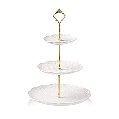 Sweejar 3 Tier Ceramic Cake Stand Wedding, Dessert Cupcake Stand for Tea Party Serving Platter(Rose White) - color: Pure White