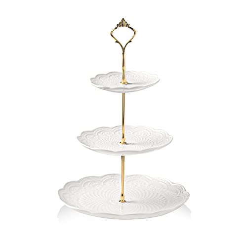 Sweejar 3 Tier Ceramic Cake Stand Wedding, Dessert Cupcake Stand for Tea Party Serving Platter(Rose White) - color: Pure White