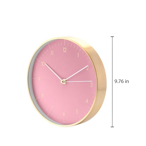 Modern Silent Quartz Wall Clock, 10in, Pink & Gold | Simple & Trendy, Gifting ideas, Analog, Easy-to-read, Battery operated, Wall mount, Mantel display, Bedroom, Bathroom - color: Rose, 10"