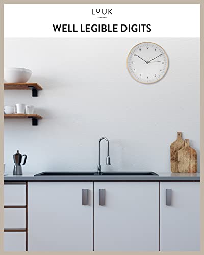 Modern Silent Quartz Wall Clock, 12in, White & Gold | Minimalist & Retro, for Living Room, Bedroom, Kitchen, Foyer, Sturdy aluminum frame, Dust proof glass, Battery operated - color: White & Gold, 12"