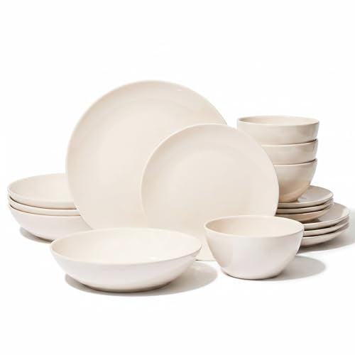 Larder & Vine Stoneware Dinnerware Set, 16 Piece, 4 Place Settings, Made in Portugal, White - color: White