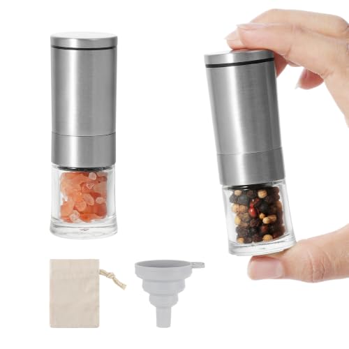 Mini Salt and Pepper Grinder Set Stainless Steel, Small Tiny Adjustable Coarseness Ceramic Salt Grinder with Funnel and Bag Portable Handy Spice Pepper Mill Shaker For Outdoor Party Lunch Bag Kitchen - color: Silver 2-Pack