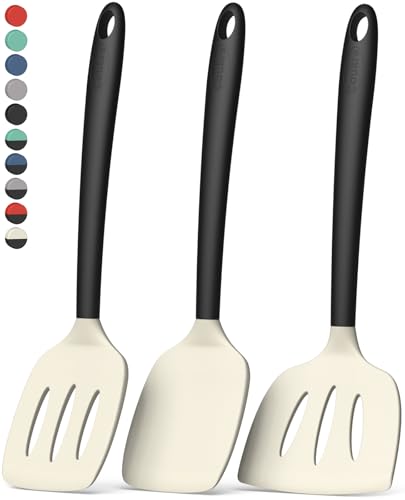 Coukre 3 Pack Silicone Spatula Set, Heat Resistant to 500°F, BPA-Free | Fish Spatula, Solid & Slotted Turners, Dishwasher Safe, Spatula Set for Eggs, Pancakes, Fish & Burgers, BeigeBlack - color: BeigeBlack