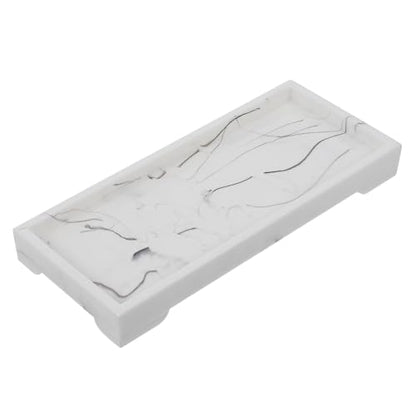 FAVOMOTO Marble-Style Composite Bathroom Vanity Tray Cosmetic and Jewelry Storage Plate White Organizer for Home and Hotel Toiletries