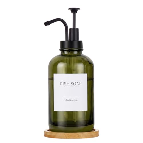 Glass Soap Dispenser with Upgrade Pump, Hand and Dish Soap Dispenser for Bathroom Kitchen, Soap Dispenser Set with 9 Stickers Funnel Bamboo Tray 500ml 18oz Green - color: Olive Green