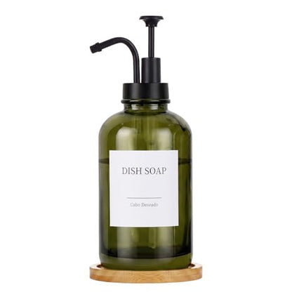 Glass Soap Dispenser with Upgrade Pump, Hand and Dish Soap Dispenser for Bathroom Kitchen, Soap Dispenser Set with 9 Stickers Funnel Bamboo Tray 500ml 18oz Green - color: Olive Green