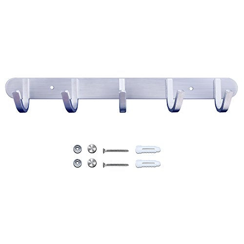 Coat Hook Rail Brushed Nickel 14-inch Towel Rack Wall Mounted with 5 Hooks/Durable Coat Hangers for Bedroom, Bathroom, Foyer, Hallway/304Stainless Steel/Easy to Install/Rust and Water Proof - size: 5 Hooks