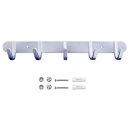 Coat Hook Rail Brushed Nickel 14-inch Towel Rack Wall Mounted with 5 Hooks/Durable Coat Hangers for Bedroom, Bathroom, Foyer, Hallway/304Stainless Steel/Easy to Install/Rust and Water Proof - size: 5 Hooks