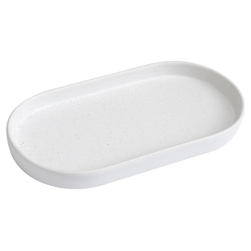 Speckled White Round Soap Dispenser Tray - 8'' Ceramic Vanity Tray for Bathroom Decorative, Jewelry Ring Dish, Comestic Holder, Kitchen Sink Countertop Organizer Plate - color: Speckled White