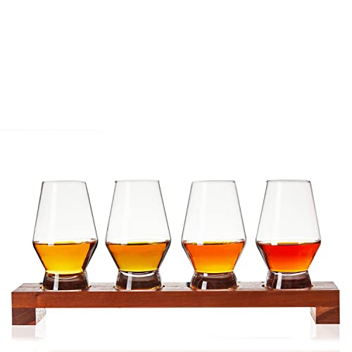 Viski Spirit Tasting Flight Set, Crystal Glass Set with Wooden Tray for Bourbon, Scotch, Gin, Brandy or Liquor, Elegant Drinkware for Home Bars, Whiskey Flights, and Barware Collections - style: Tasting Flight Set