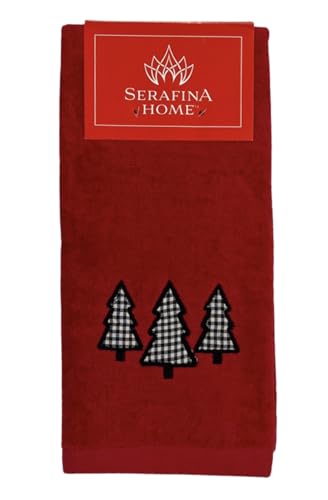 Holiday Christmas Guest Hand Towels: Country Farmhouse Red Terrycloth Towels with Check Tree Applique - color: Farmhouse Holiday