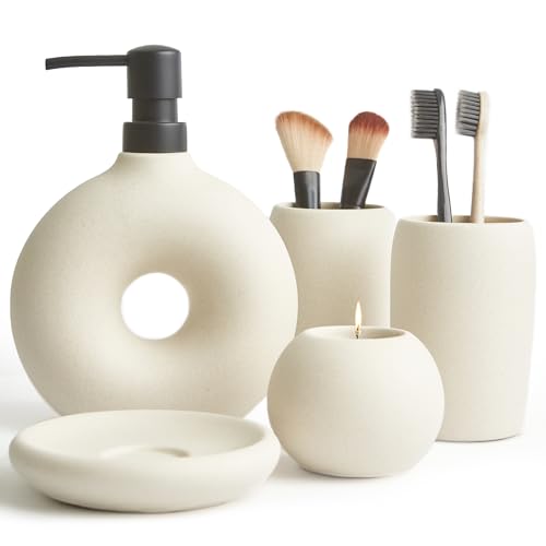 Ceramic Bathroom Accessory Set, 5 Pcs - Soap Dispenser 16 Oz, Toothbrush Cup, Toothbrush Holder, Soap Dish, Candle Holder - Beige, Boho Bathroom Sink Decor, Modern Countertop Accessories