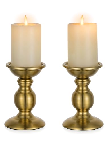 NUPTIO Gold Candle Holder for Table: Brass Pillar Stand for 3" Candles | (2 x S) Metal Vintage Candleholder Decorative for Christmas New Year Party Centerpiece Fireplace Decor - color: Brass, size: S + S