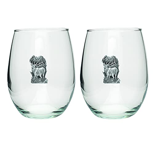 Heritage Pewter Elk Stemless Glass Goblets – Set of 2 | 15 OZ Goblet Wine Glasses | Expertly Crafted Pewter Glass - style: Elk