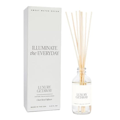 Sweet Water Decor Luxury Getaway Reed Diffuser Set - Room Diffuser with Leather, Amber & Musk Scent - Reed Diffuser for Bathroom Lasts for 4 Months - Home Diffuser with Premium Fragrance Oils - style: Luxury Getaway