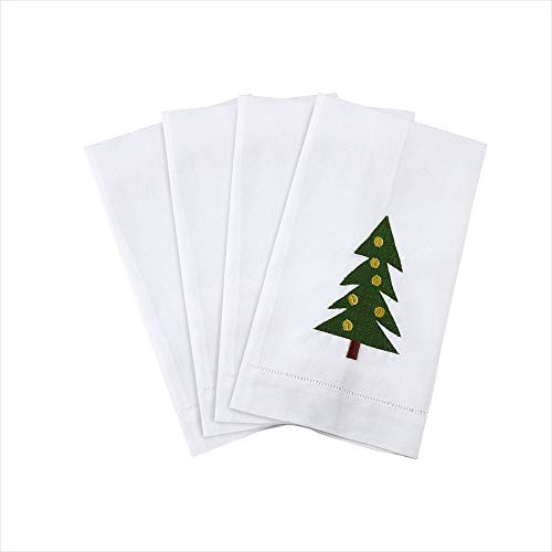 Saro Lifestyle Christmas Tree Embroidery Design Hemstitched Linen Cotton Guest Towel (Set of 4), White, 14"x22" - color: Christmas Tree 1