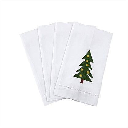 Saro Lifestyle Christmas Tree Embroidery Design Hemstitched Linen Cotton Guest Towel (Set of 4), White, 14"x22" - color: Christmas Tree 1