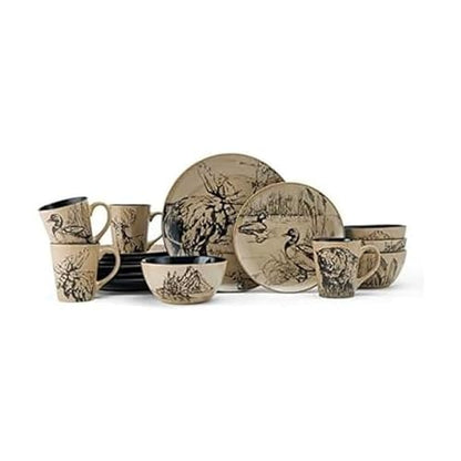 Mossy Oak 16-Piece Stoneware Dinnerware Set, Service for 4 with Dinner Plates, Salad Plates, Bowls and Mugs, Lodge-Style Wildlife Animal Sketch Design, Dishwasher and Microwave Safe