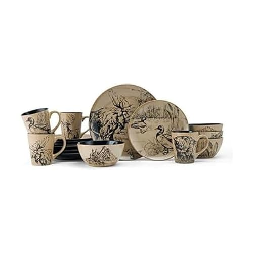 Mossy Oak 16-Piece Stoneware Dinnerware Set, Service for 4 with Dinner Plates, Salad Plates, Bowls and Mugs, Lodge-Style Wildlife Animal Sketch Design, Dishwasher and Microwave Safe