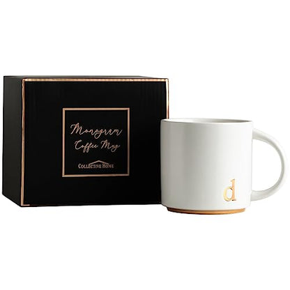 COLLECTIVE HOME Ceramic Coffee Mug, 15 oz Monogram Cup with Gift Box(d) | Dishwasher Safe, Engraved Gold Letter , Personalized Housewarming Birthday Present, Christmas Thanksgiving Mothers Day Gifts - color: gold-d