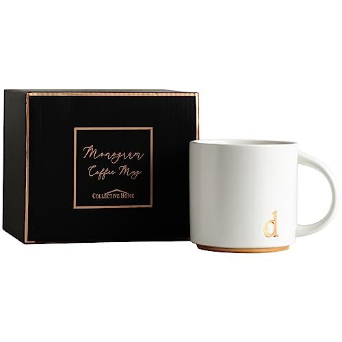 COLLECTIVE HOME Ceramic Coffee Mug, 15 oz Monogram Cup with Gift Box(d) | Dishwasher Safe, Engraved Gold Letter , Personalized Housewarming Birthday Present, Christmas Thanksgiving Mothers Day Gifts - color: gold-d