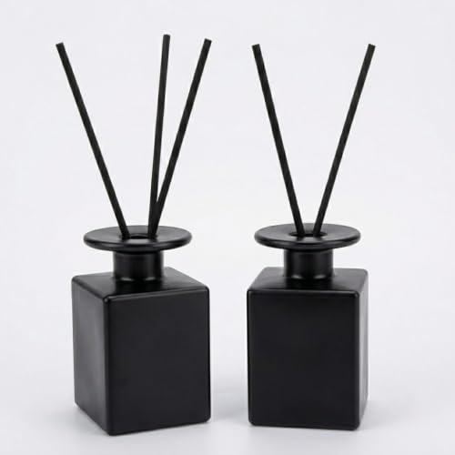 2 Pack 150ml Glass Reed Diffuser Container with Black Sticks, Empty Essential Oil Diffuser Jars with Protective Packaging for DIY Home Fragrance, Bathroom, Bedroom and Office Decor (2, Matte Black)