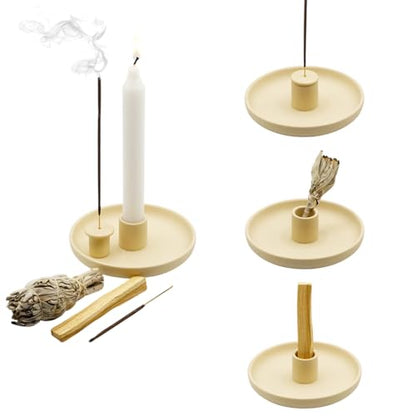 4 in 1 Incense Burner Holder - Multi-Purpose Ceramic Incense Stick Holder, Palo Santo Holder for Clean Burning, Sage Meditation Burner Set, Candle Holder for Aromatherapy (Matte Beige) - color: Matte Beige