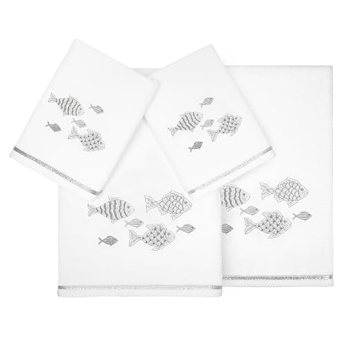 Treasure 4-Piece Premium Towel Set, Sparkling Applique Fish, Ultra Plush Turkish Cotton, Durable, Perfect for Bathroom, 2 Bath 2 Hand Towels, White - color: White, size: 2 Pcs Bath 2 Pcs Hand Towel