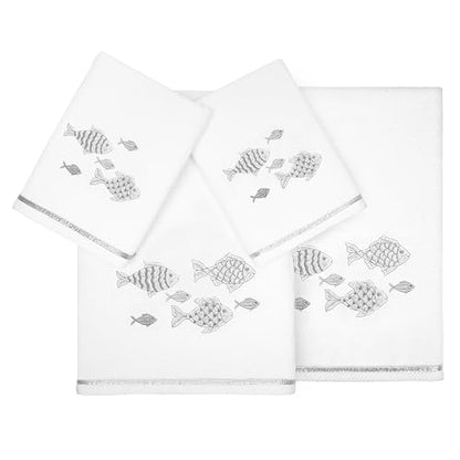 Treasure 4-Piece Premium Towel Set, Sparkling Applique Fish, Ultra Plush Turkish Cotton, Durable, Perfect for Bathroom, 2 Bath 2 Hand Towels, White - color: White, size: 2 Pcs Bath 2 Pcs Hand Towel
