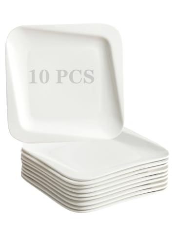 7.3 Inch Square Porcelain Dessert Plates, 10 Pieces, White | Appetizer Dinnerware, Scratch Resistant, Microwave Safe, Oven Safe, Dishwasher Safe - size: 7.3 Inch - 10P