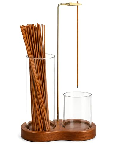 Incense Holder for Sticks with Glass Ash Catcher, 2 in 1 Upside Down Incense Burner with Wooden Base, Minimalist Zen Home Decor