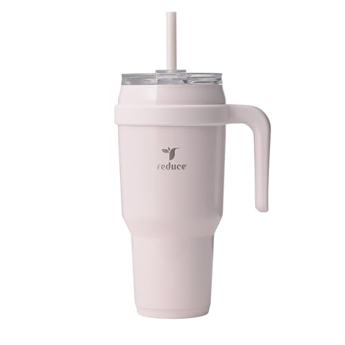 REDUCE Cold1 40 oz Tumbler with Handle - Vacuum Insulated Stainless Steel Water Bottle for Home, Office or Car, Reusable Mug with Straw or Leakproof Flip Lid, Keeps Drinks Cold All Day- Gloss Cotton - color: Cotton, size: 40 Ounces
