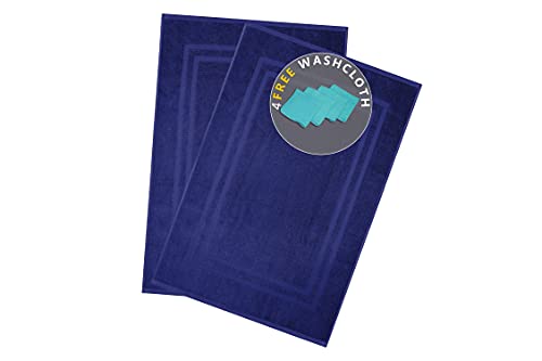 Bella Vista Cotton Bath Mat 2 Pc Set with Free 4 Washcloths-Washable, Soft and Absorbent, 22 x 34 Inches- Virgin Ring Spun Cotton. by Cotton Homes(Set of 2 Piece Bath Mats, Navy Blue) - color: Navy Blue, size: Set Of 2 Piece Bath Mats