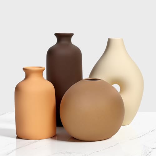 Ceramic Vase Set of 4 Modern Farmhouse Decor Vases for Home Table Centerpiece - Rustic Flower Vases for Living Room Kitchen Shelf Bedroom Office Bathroom Dining and Coffee Table Decor - color: Coffee and Beige