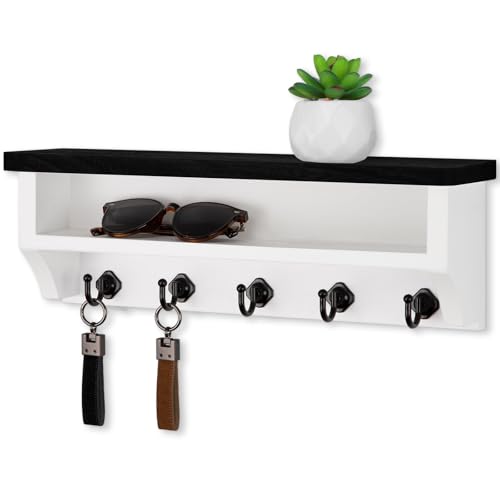 Nekon Key Holder Wall Mount, Wall Organizer Shelf with 5 Key Hooks | Wall Mounted Key Rack Room Decor for Home and Apartment Essentials - color: Black & White