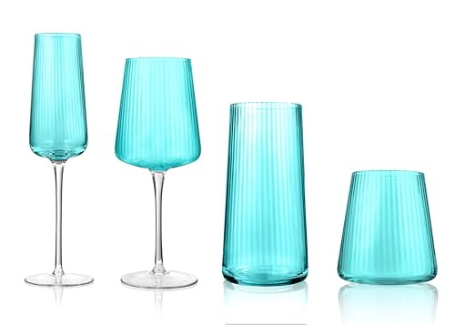 ARTLAND Soho Optic 16 Piece Glassware Set - Durable Glasses for Every Occasion - Champagne, Double Old Fashion, Goblet, Highball Glasses, Barware Essentials for Entertaining & Gifting (Turquoise) - color: Light Turquoise, style: 16-Piece Glassware Set