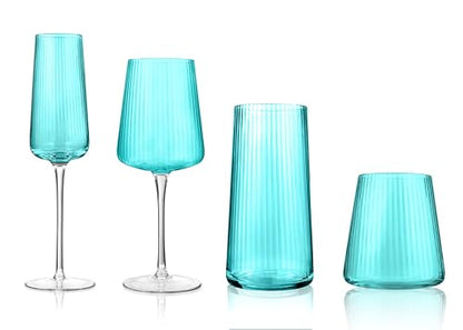 ARTLAND Soho Optic 16 Piece Glassware Set - Durable Glasses for Every Occasion - Champagne, Double Old Fashion, Goblet, Highball Glasses, Barware Essentials for Entertaining & Gifting (Turquoise) - color: Light Turquoise, style: 16-Piece Glassware Set
