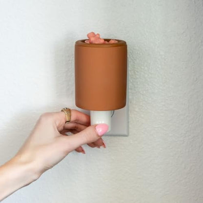Happy Wax Clay Outlet Timer Warmer for Scented Wax - Compact Ceramic Wall Plug in Wax Melt Warmer with Timer - Wax Melter for Home Fragrance with Removable Silicone Dish - color: Clay