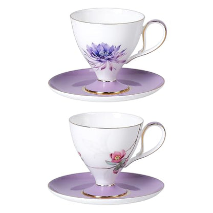 KAMMAK Tea Cups Set of 2,Ceramic Floral Pattern Demitasse Cup | Porcelain Espresso Cup with Saucer, 8.45 oz Handmade Elegant Bone China Tea Cups for Latte, Americano, Cappuccino - color: Water Lily & Winter sweet