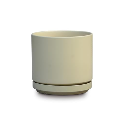 Ceramic 14 Inch Mid Modern Planter Pot with Drainage Hole and Saucer, Indoor Cylinder Round Flower Pot, Perfect for Planting Succulents, Herbs, Flowers, House Plants, Cloud White - color: Cloud White, size: 14.0" D x 12.0" H