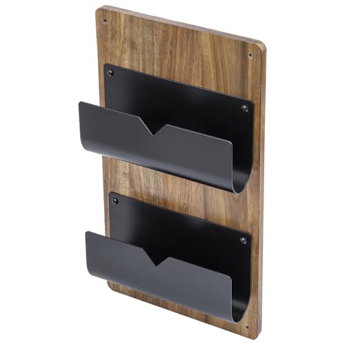 MyGift 2-Tier Wall Mounted Mail Holder, Matte Black Metal and Premium Acacia Wood Backboard Mail and Letter Organizer