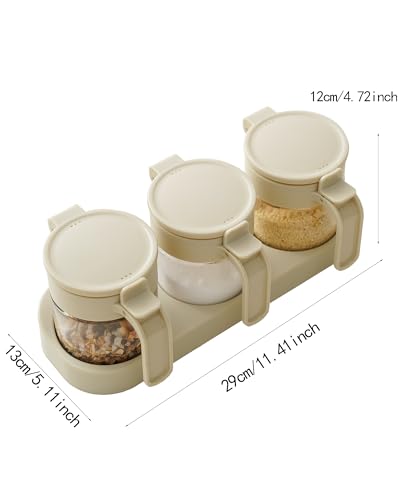 3 Pack Glass Condiment Jars with Lids and Spoons, Airtight Spice Container Set with Silicone Seal Ring, Honey Dippers, Tray, Labels and Wall Mount Adhesive for Kitchen and Coffee Bar, WHITE - color: WHITE