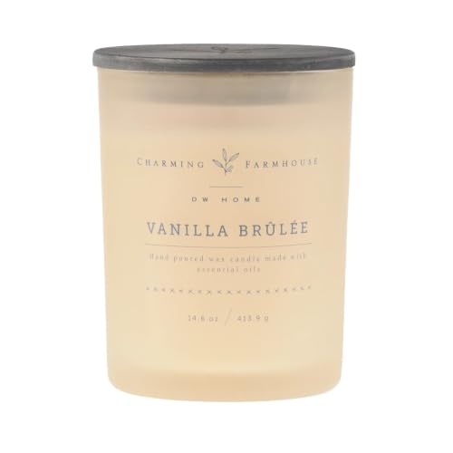 Charming Farmhouse by DW Home Vanilla Brûlée Scented Candle, 14 oz Wooden Wick Candle, Vanilla Bean, Toffee & Toasted Marshmallow Fragrance, Frosted Glass Jar, Up to 56 Hour Burn Time - color: Vanilla Brulee, size: 14 oz