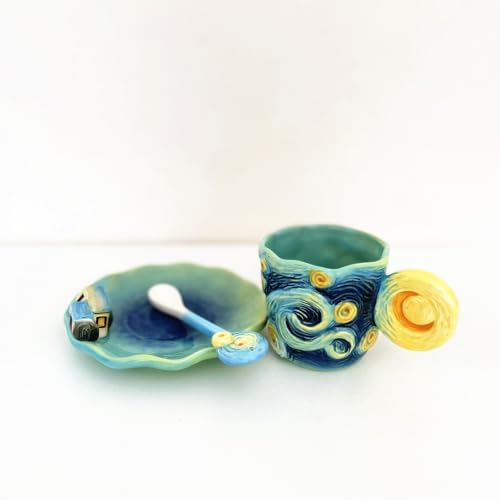 Ceramic Starry Sky Coffee Mug and Saucer set with Spoon,3D Handmade and Hand-painted Tea Mug, 6OZ