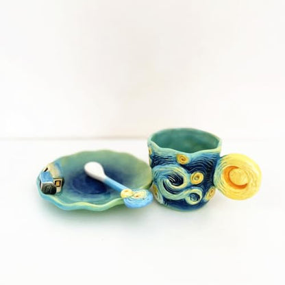 Ceramic Starry Sky Coffee Mug and Saucer set with Spoon,3D Handmade and Hand-painted Tea Mug, 6OZ